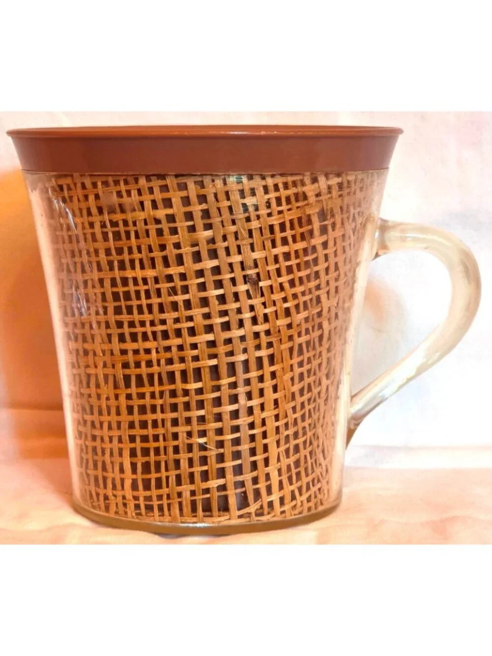 Raffia Ware 7 flared Coffee Cups burlap woven straw pastel mugs Vintage MCM tiki